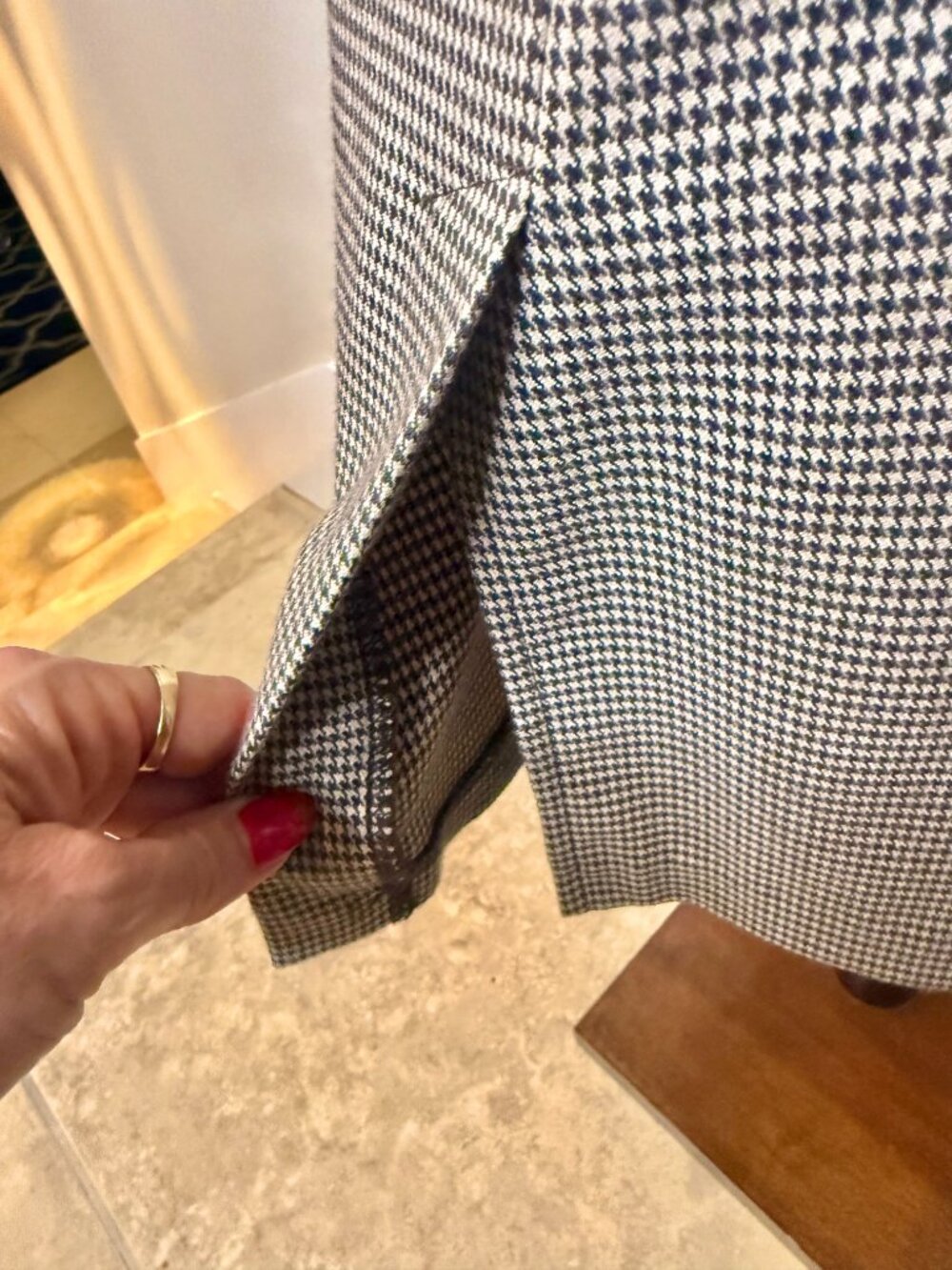 Stop Staring Tan & Brown Houndstooth Midi Pinup Wiggle Retro Dress w/ Peplum XS - Picture 11 of 12
